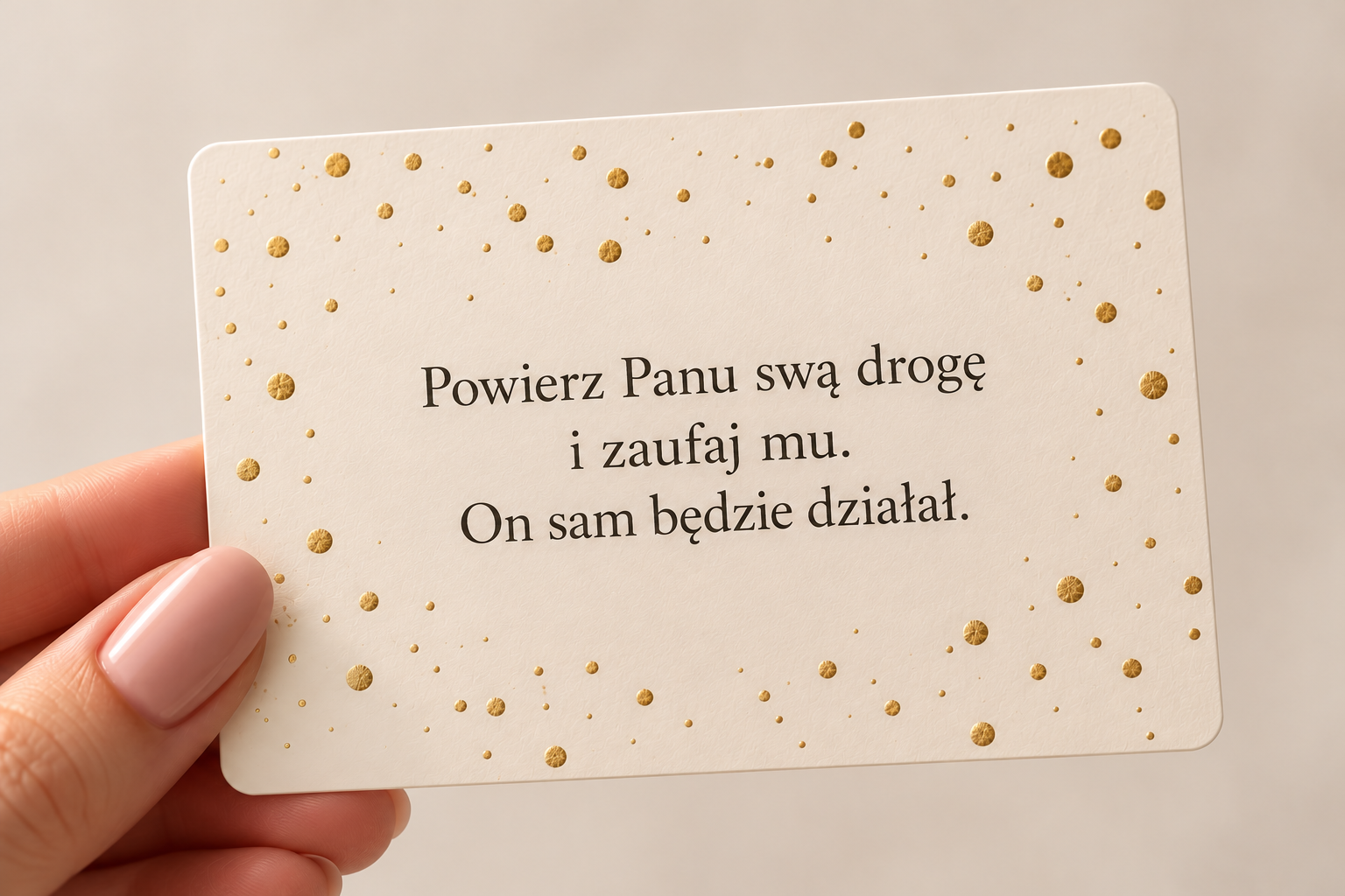 Karta ze złotymi kropkami w dłoni: Powierz Panu swą drogę i zaufaj mu. On sam będzie działał.